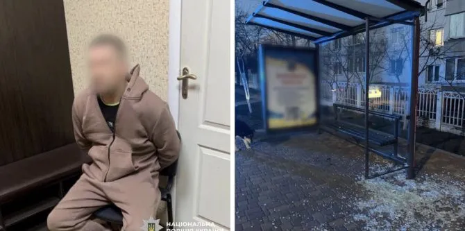 Man detained in Kyiv region for smashing a bus stop; witness and video confirmed his guilt